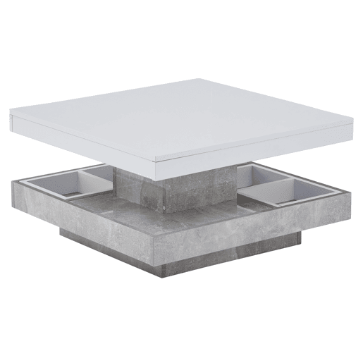 Mesa de centro com arrumação 70x70x36 cm - Tampo brilhante rotativo 360° - Branco e cinzento