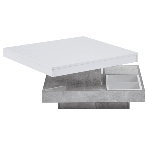 Mesa de centro com arrumação 70x70x36 cm - Tampo brilhante rotativo 360° - Branco e cinzento