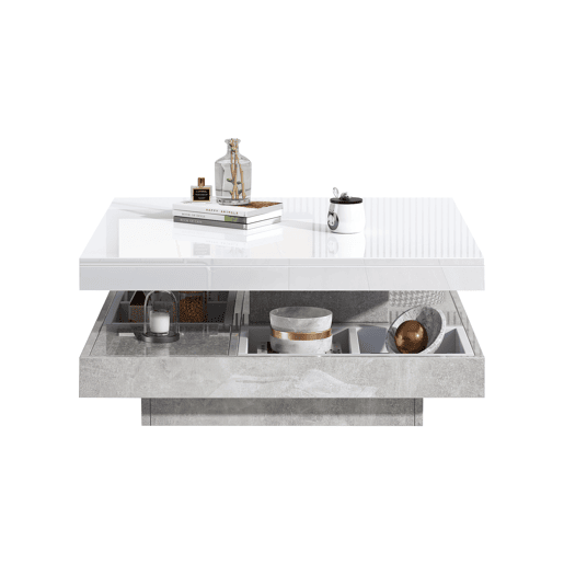 Mesa de centro com arrumação 70x70x36 cm - Tampo brilhante rotativo 360° - Branco e cinzento