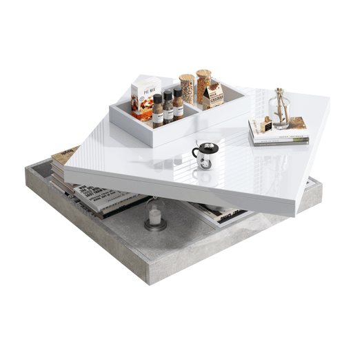 Mesa de centro com arrumação 70x70x36 cm - Tampo brilhante rotativo 360° - Branco e cinzento