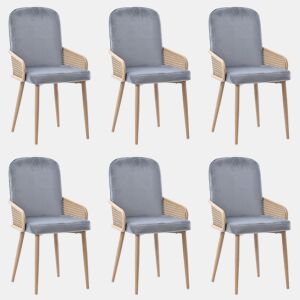 Conjunto de 6 cadeiras de veludo com braços de rotim - 4 pés de metal natural - Cinzento