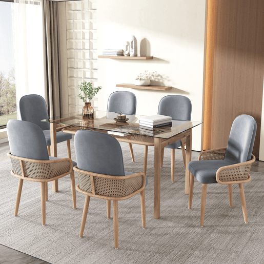 Conjunto de 6 cadeiras de veludo com braços de rotim - 4 pés de metal natural - Cinzento