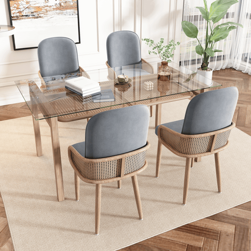 Conjunto de 6 cadeiras de veludo com braços de rotim - 4 pés de metal natural - Cinzento