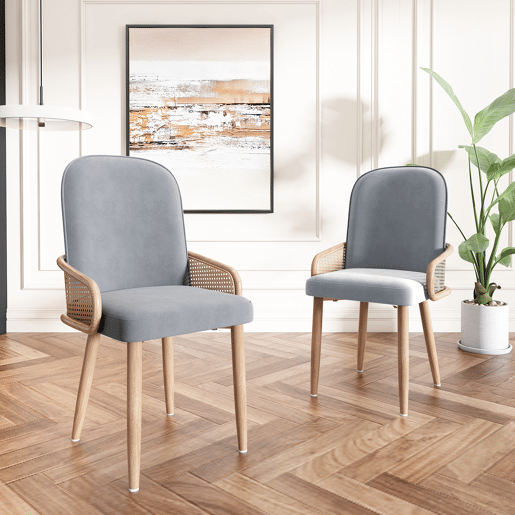 Conjunto de 6 cadeiras de veludo com braços de rotim - 4 pés de metal natural - Cinzento