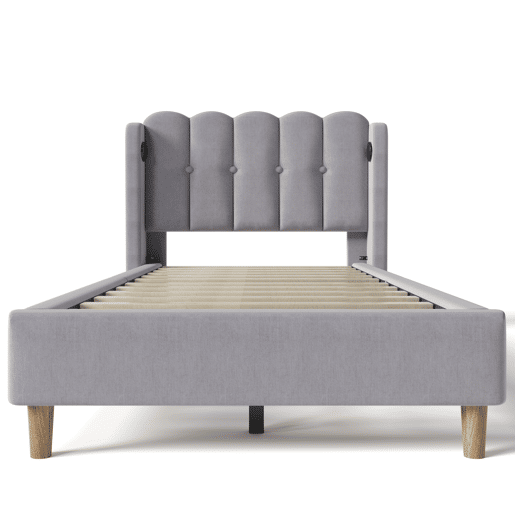 Cama de linho acolchoada 90x200 cm - com portas de carga e estrado - Cinzento Cama de linho acolchoada 90x200 cm - com portas de carga e estrado - Cinzento