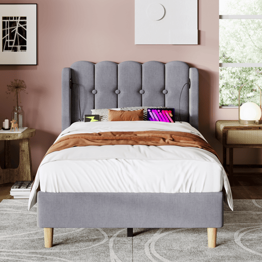 Cama de linho acolchoada 90x200 cm - com portas de carga e estrado - Cinzento Cama de linho acolchoada 90x200 cm - com portas de carga e estrado - Cinzento
