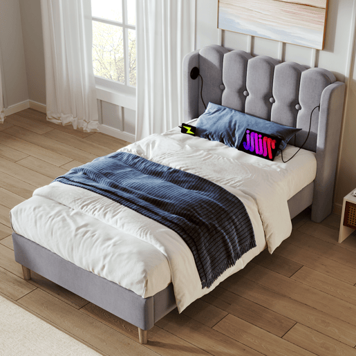 Cama de linho acolchoada 90x200 cm - com portas de carga e estrado - Cinzento Cama de linho acolchoada 90x200 cm - com portas de carga e estrado - Cinzento
