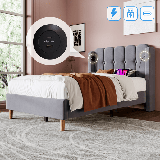 Cama de linho acolchoada 90x200 cm - com portas de carga e estrado - Cinzento Cama de linho acolchoada 90x200 cm - com portas de carga e estrado - Cinzento