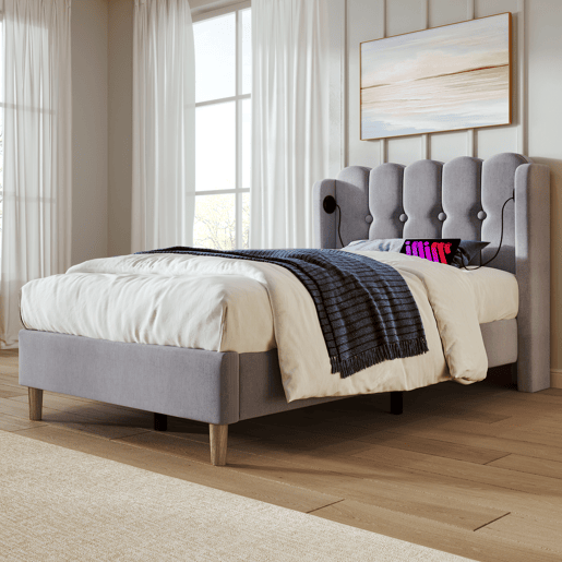 Cama de linho acolchoada 90x200 cm - com portas de carga e estrado - Cinzento Cama de linho acolchoada 90x200 cm - com portas de carga e estrado - Cinzento