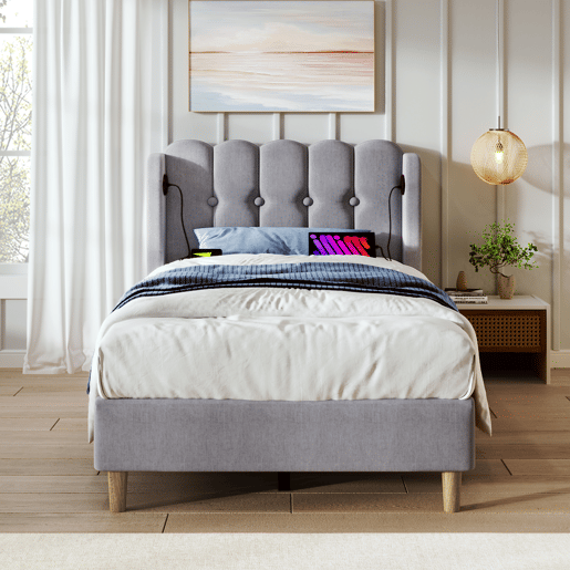 Cama de linho acolchoada 90x200 cm - com portas de carga e estrado - Cinzento Cama de linho acolchoada 90x200 cm - com portas de carga e estrado - Cinzento