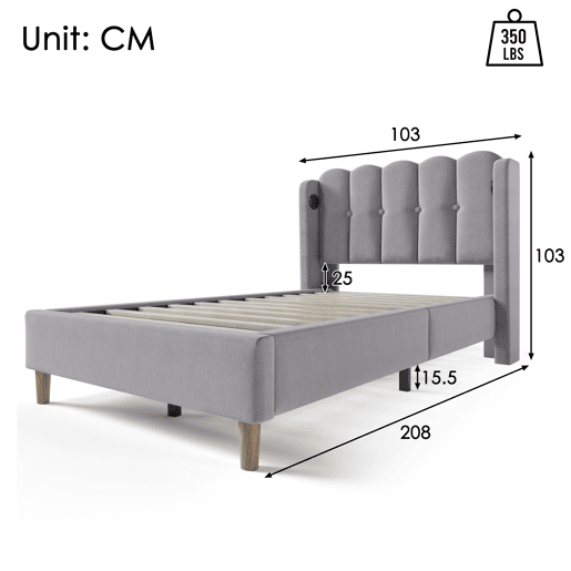 Cama de linho acolchoada 90x200 cm - com portas de carga e estrado - Cinzento Cama de linho acolchoada 90x200 cm - com portas de carga e estrado - Cinzento