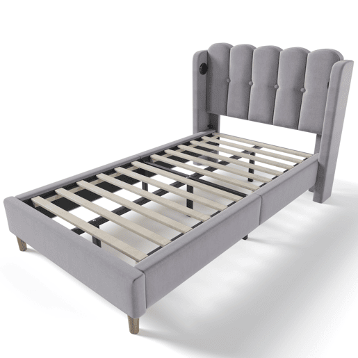 Cama de linho acolchoada 90x200 cm - com portas de carga e estrado - Cinzento Cama de linho acolchoada 90x200 cm - com portas de carga e estrado - Cinzento