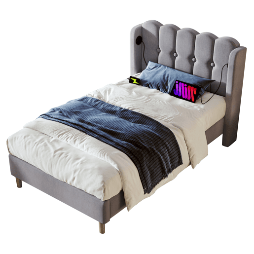 Cama de linho acolchoada 90x200 cm - com portas de carga e estrado - Cinzento Cama de linho acolchoada 90x200 cm - com portas de carga e estrado - Cinzento