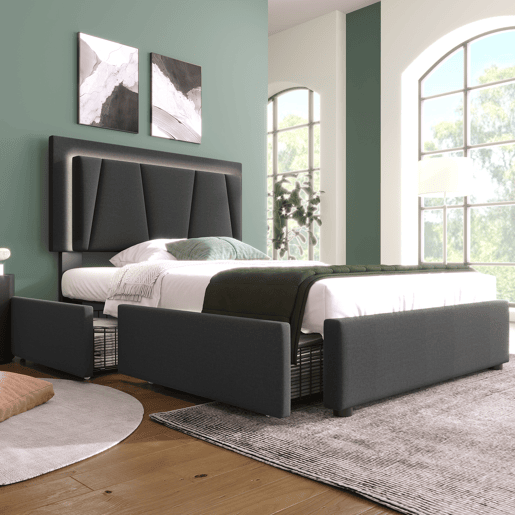 Cama estofada 90x200cm em linho - com 2 gavetas + LED + estrado - Cinzento