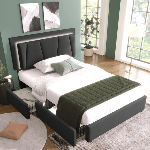 Cama estofada 90x200cm em linho - com 2 gavetas + LED + estrado - Cinzento