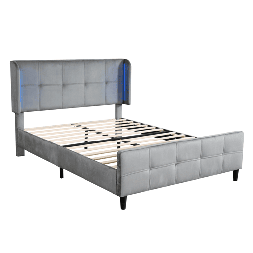 Cama de casal de veludo 140x200cm com luz led,cinzento