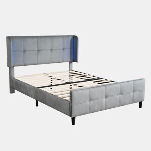 Cama de casal de veludo 140x200cm com luz led,cinzento