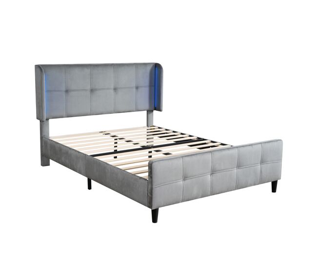 Cama de matrimonio de terciopelo 140x200cm con luz led,gris