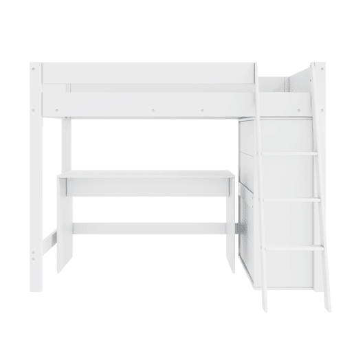 Cama alta de madeira 90x200 cm - com secretária e roupeiro modular - Branco