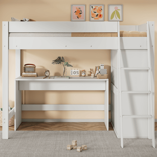 Cama alta de madeira 90x200 cm - com secretária e roupeiro modular - Branco