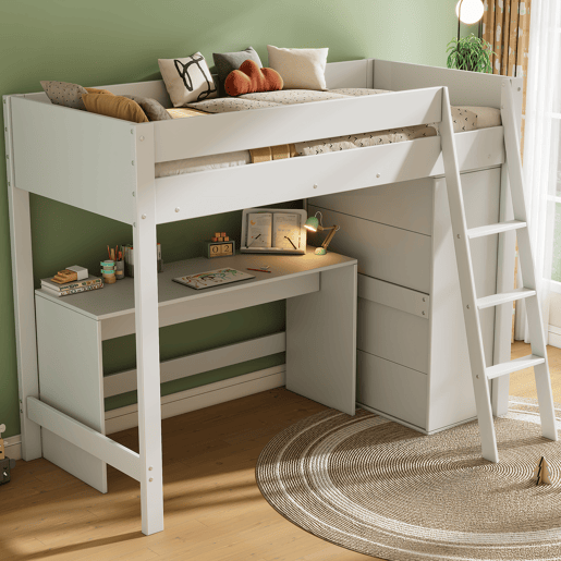 Cama alta de madeira 90x200 cm - com secretária e roupeiro modular - Branco