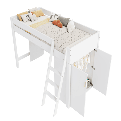 Cama alta de madeira 90x200 cm - com secretária e roupeiro modular - Branco