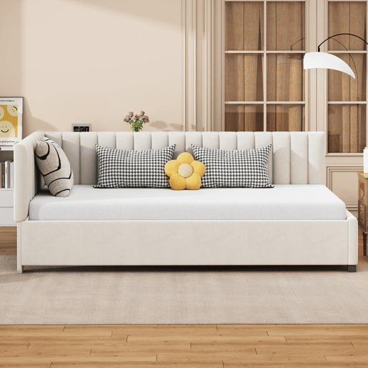 Cama individual estofada 90x200 cm - tecido aveludado - com estrado de molas - Bege