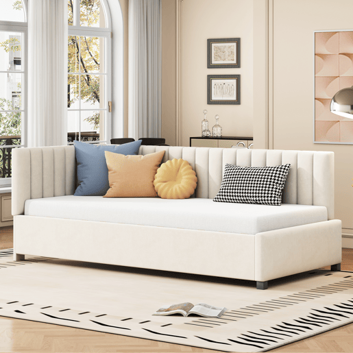Cama individual estofada 90x200 cm - tecido aveludado - com estrado de molas - Bege