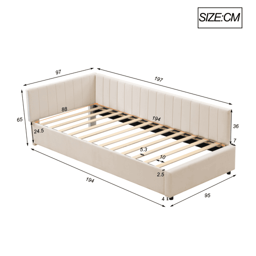 Cama individual estofada 90x200 cm - tecido aveludado - com estrado de molas - Bege