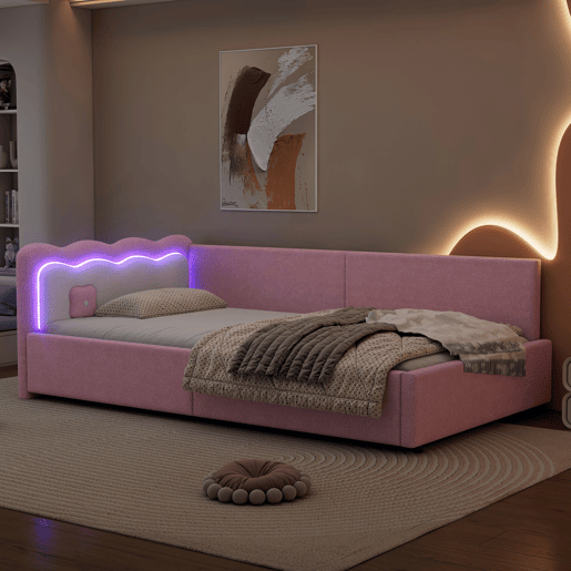 Sofá-cama 90x200 cm com LED e estrado de ripas - Rosa