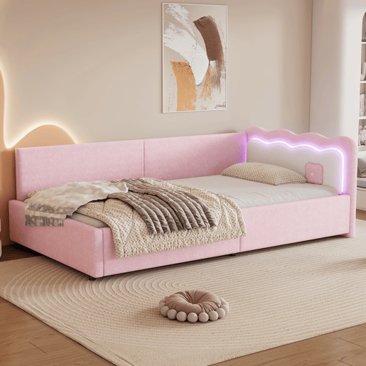 Sofá-cama 90x200 cm com LED e estrado de ripas - Rosa