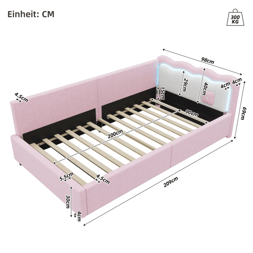 Sofá-cama 90x200 cm com LED e estrado de ripas - Rosa