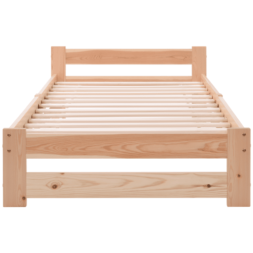 Cama individual de madeira maciça 90x200cm com cabeceira e estrado de molas - Natural