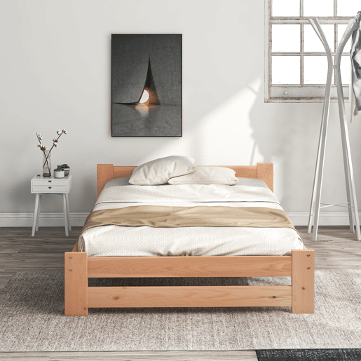 Cama individual de madeira maciça 90x200cm com cabeceira e estrado de molas - Natural