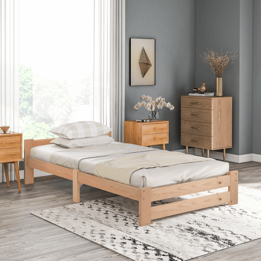 Cama individual de madeira maciça 90x200cm com cabeceira e estrado de molas - Natural