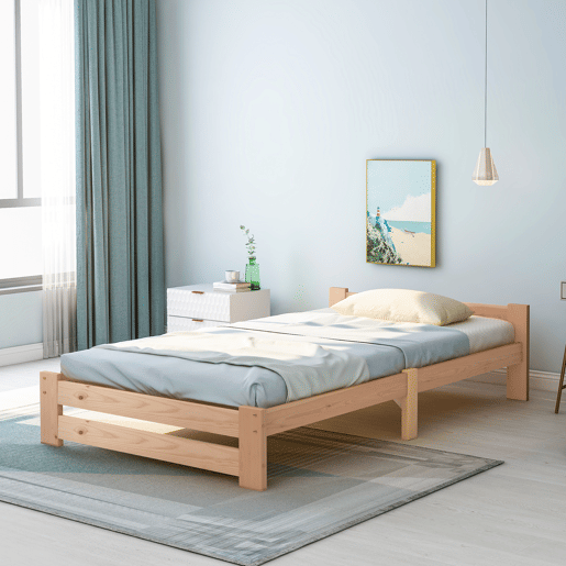 Cama individual de madeira maciça 90x200cm com cabeceira e estrado de molas - Natural