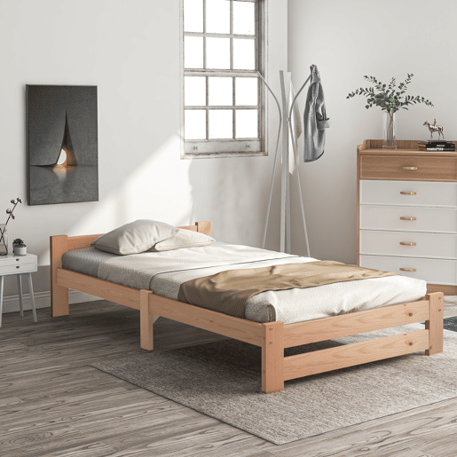 Cama individual de madeira maciça 90x200cm com cabeceira e estrado de molas - Natural