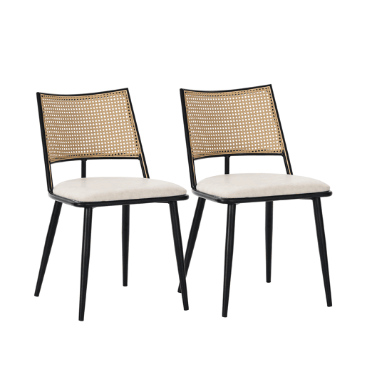 Conjunto de 2 cadeiras de jantar com almofada em pele sintética e encosto em PE rattan - Preto