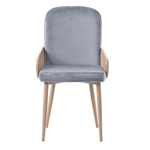 Conjunto de 2 cadeiras de veludo com braços de rotim - 4 pés de metal natural - Cinzento
