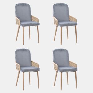Conjunto de 4 cadeiras de veludo com braços de rotim - 4 pernas de metal natural - Cinzento
