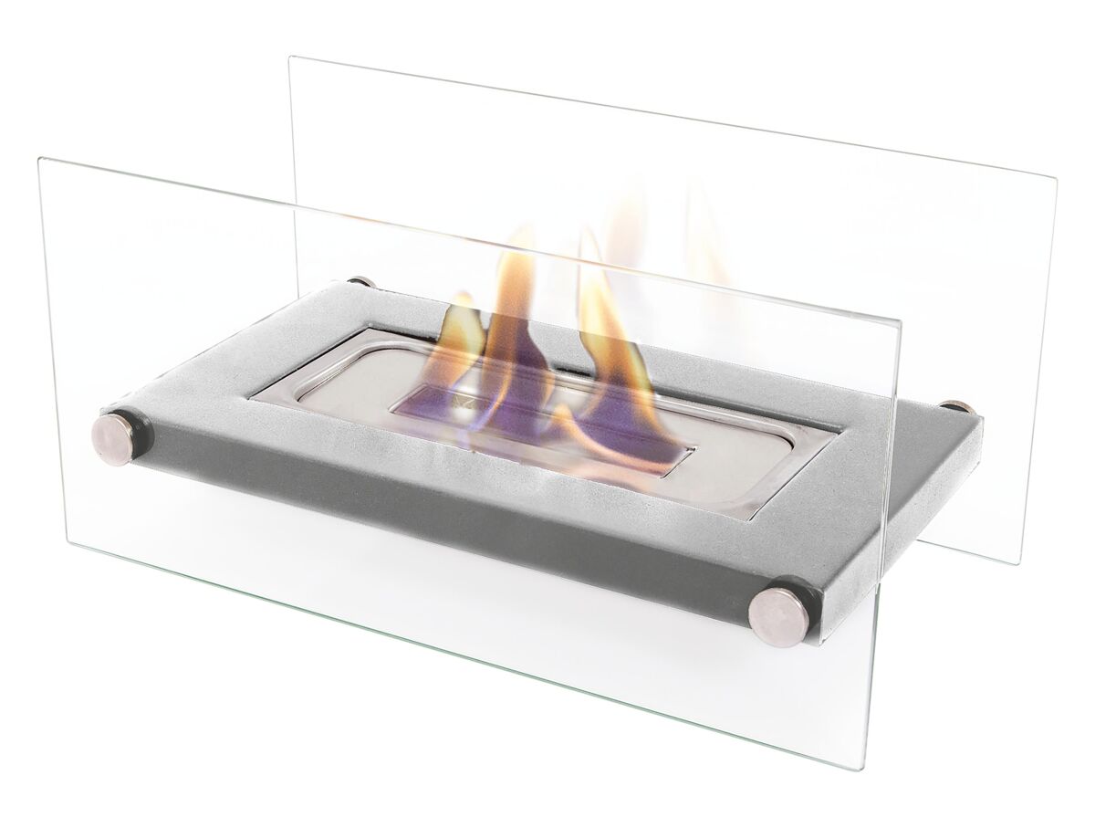 Biochimenea de sobremesa en inox con doble cristal templado. llamas reales sin humos ni cenizas. diseño minimalista y seguro. uso en interior o exterior. funciona con bioetanol, sin necesidad de gas ni electricidad.