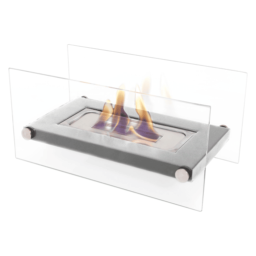 Lareira a etanol INOX. ideal para colocar em superfícies. Tem dois ecrãs de vidro temperado e produz chamas reais. Não produz fumo, cinzas ou odores.