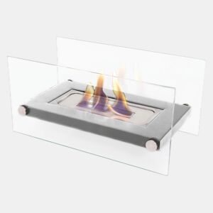 Lareira a etanol INOX. ideal para colocar em superfícies. Tem dois ecrãs de vidro temperado e produz chamas reais. Não produz fumo, cinzas ou odores.