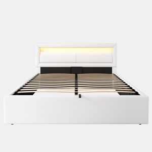 Cama contentor com LED 140x200cm - pele sintética - Branco