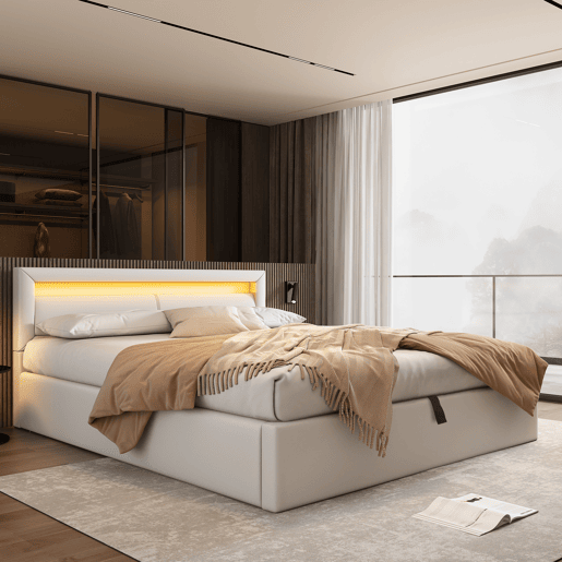 Cama contentor com LED 140x200cm - pele sintética - Branco Cama contentor com LED 140x200cm - pele sintética - Branco