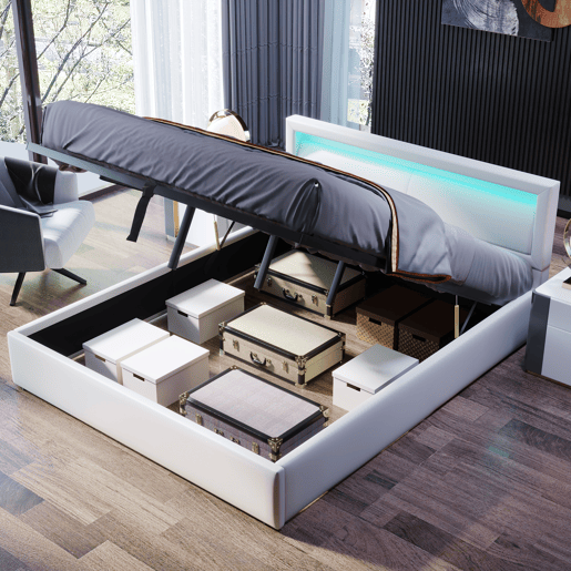 Cama contentor com LED 140x200cm - pele sintética - Branco Cama contentor com LED 140x200cm - pele sintética - Branco