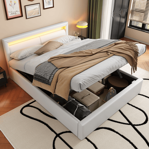 Cama contentor com LED 140x200cm - pele sintética - Branco Cama contentor com LED 140x200cm - pele sintética - Branco