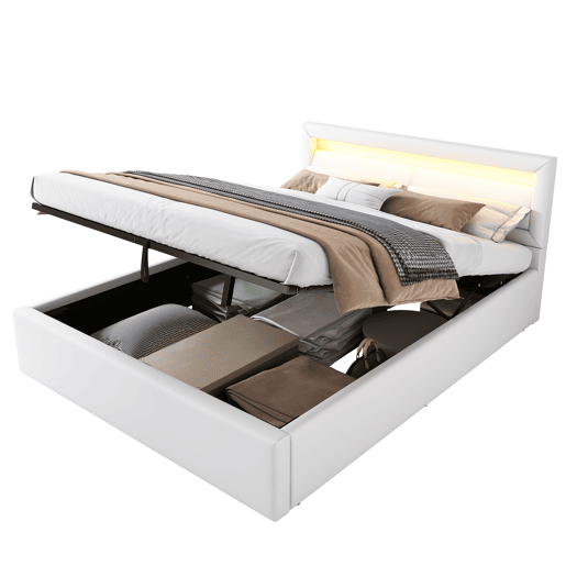 Cama contentor com LED 140x200cm - pele sintética - Branco Cama contentor com LED 140x200cm - pele sintética - Branco