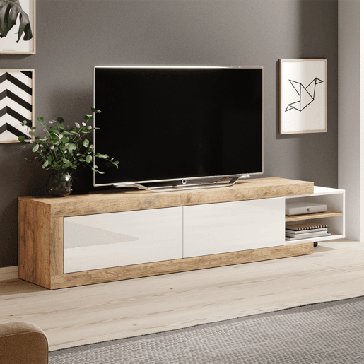 Suporte para televisor de 2 portas Azior Branco e Madeira 200 cm