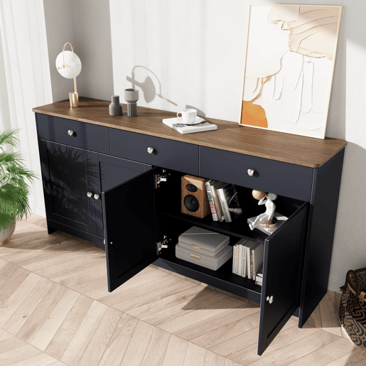 Aparador para sala de estar - 4 portas e 3 gavetas - aglomerado de partÃculas - Preto cinzento Aparador para sala de estar - 4 portas e 3 gavetas - aglomerado de partÃculas - Preto cinzento